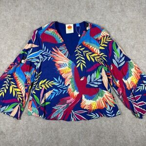 Farm Rio Kaia Colored Tropical Floral Bird Long Sleeves Tops Blouse Women Size S